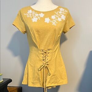 INC International Concepts Mustard Floral Embroidered Corset T-Shirt M